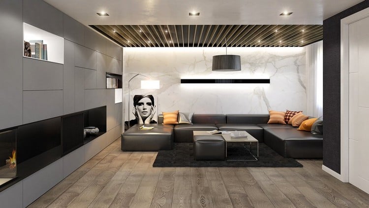moderne Wandgestaltung Wohnzimmer Akzent Wand Marmor Optik