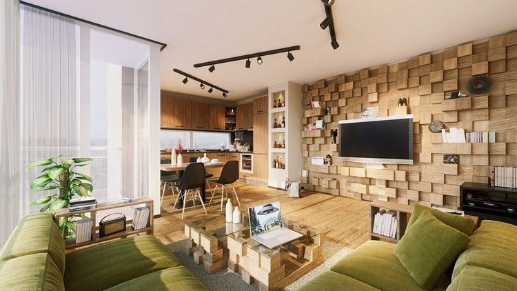 moderne Wandgestaltung Wohnzimmer Holzwand Regale