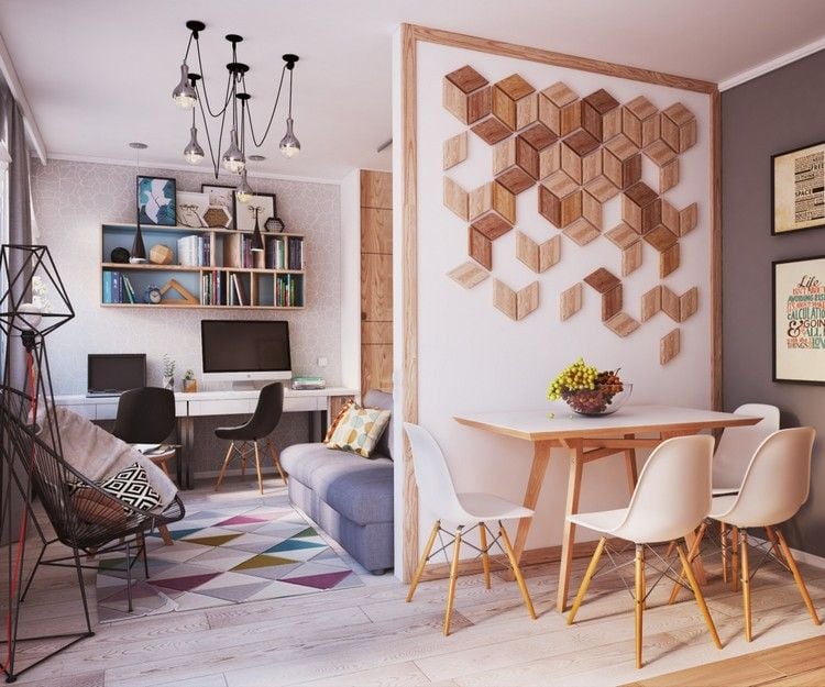 moderne Wandgestaltung mini Wohnung Akzentwand Holzelemente