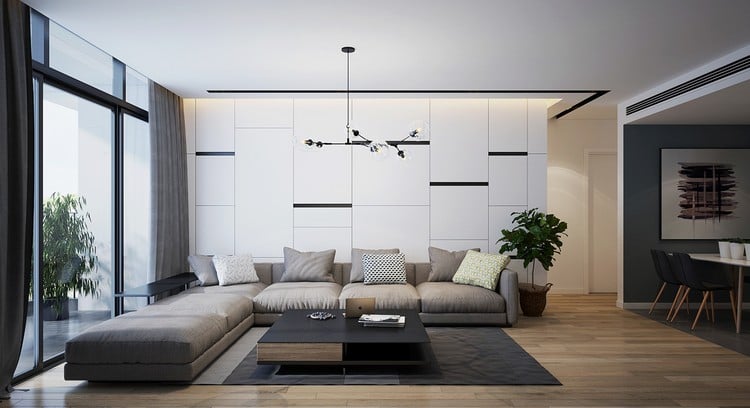 moderne Wandgestaltung neutrale Farben Akzentwand Wohnzimmer