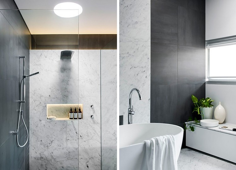modernes Bad mit Dusche und Badewanne Marmor Wandfliesen