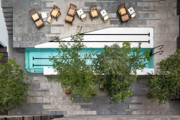 schmales Swimming Pool Glaswand Terrasse Bäume