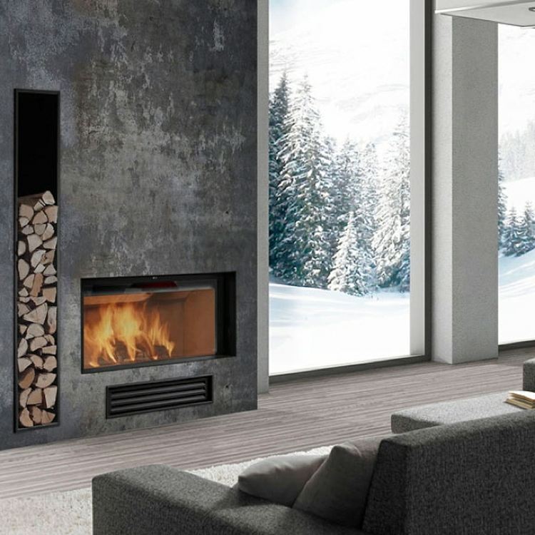 skandinavischer stil beton eingebaut regel brennholz lagern wohnzimmer