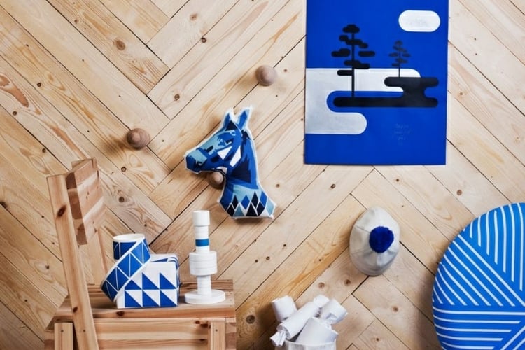 skandinavischer stil wandgestaltung mit fischgrätmuster blau dekoration