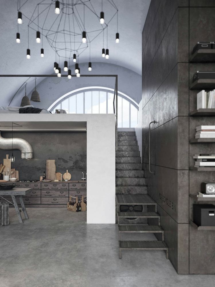stahltreppe loft rustikal küchenzeile schlafzimmer betonboden und -wände