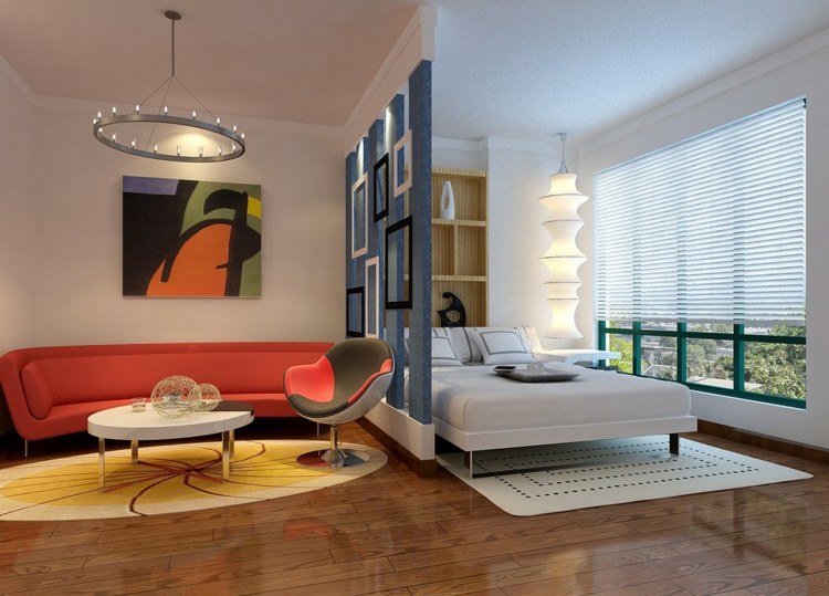 wohnbereich schlafbereich raumteiler sessel couch geometrische muster farbig