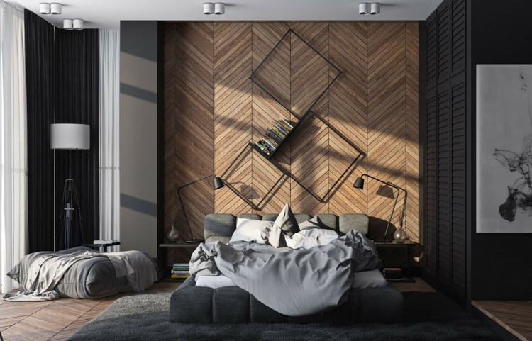 zeitgenössische schlafzimmer graue möbel wandgestaltung mit fischgrätmuster