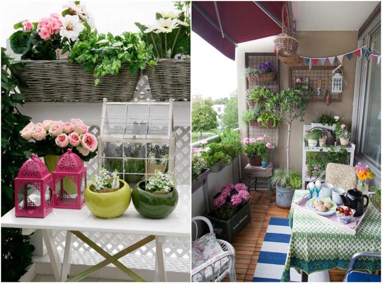 Balkoneinrichtung Shabby chic Stil Rosen Pflanzen Rattan-Balkonkästen