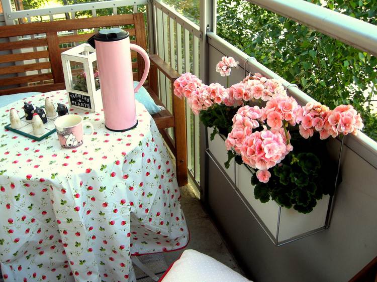 Geranien in Pink Blumenkasten am Geländer Balkon Landhausstil