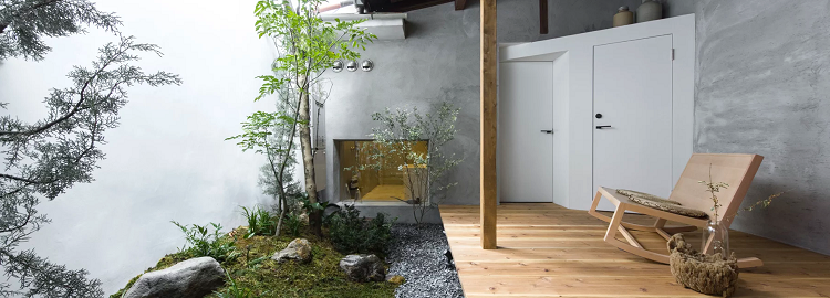 alte holzbalken innendekoartion gästehaus innenraum design modern traditionell minimalistisch japanischer garten