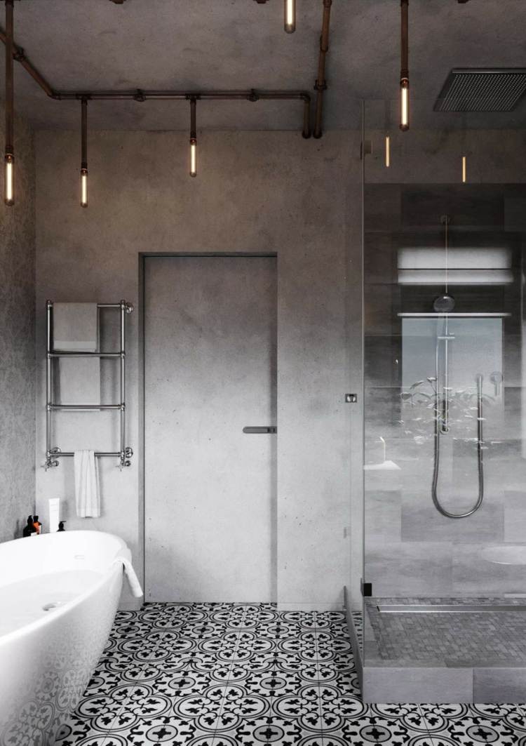 badezimmer badewanne betonwand musterfliesen lampen industrial design