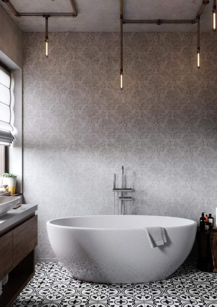 badezimmer badewanne oval wandgestaltung decke beton lampen industrial design