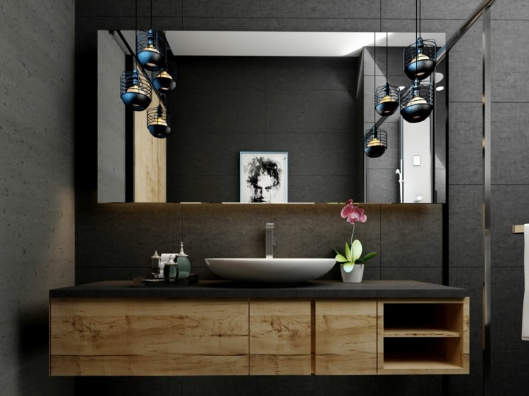 badezimmer industrial design pendelleuchten moderne badmöbel wandgestaltund waschtisch holz