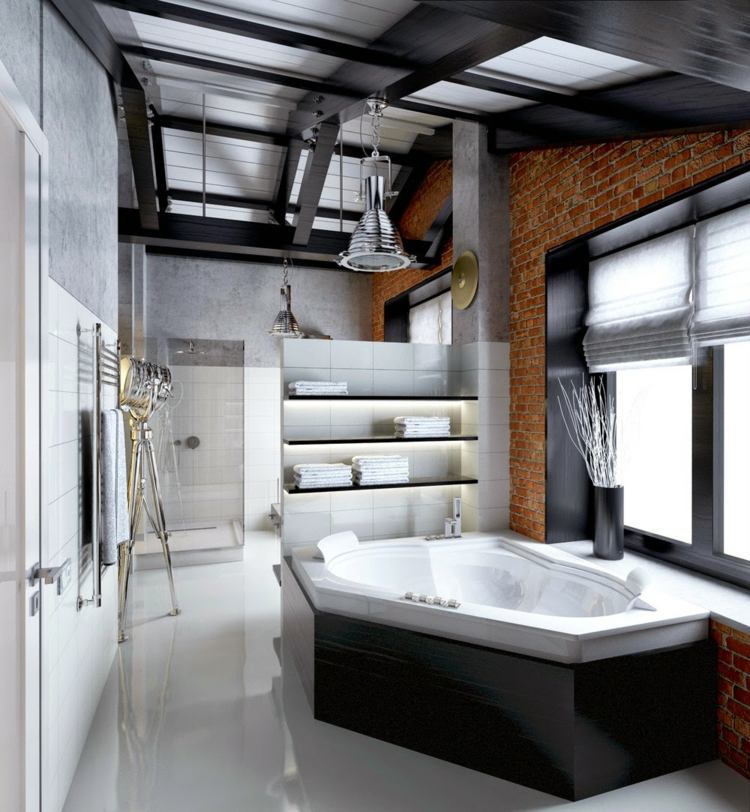 badezimmer schwarz weiß moderne badmöbel backsteinwand kronleuchter industrial design marmor