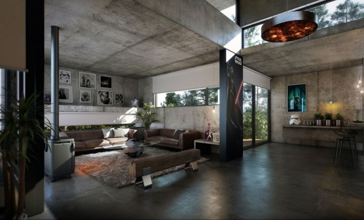 beton interieur industrial style wanddeko bilder schwarz weiß sitzbereich