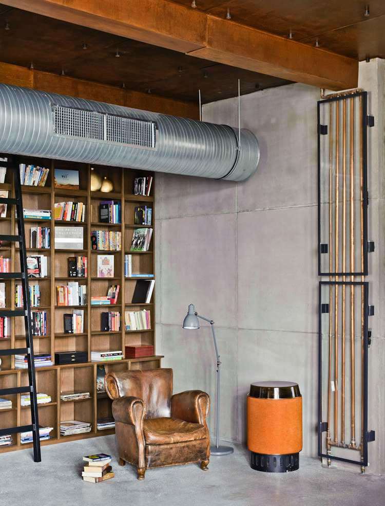 betonplatten wand fußboden bibliothek rohr rustikal holzbalken dekoration industrial stil