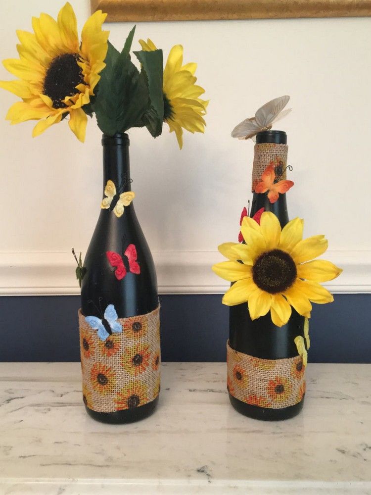 diy sommerdeko mit kindern vasen weinflaschen sonnenblumen