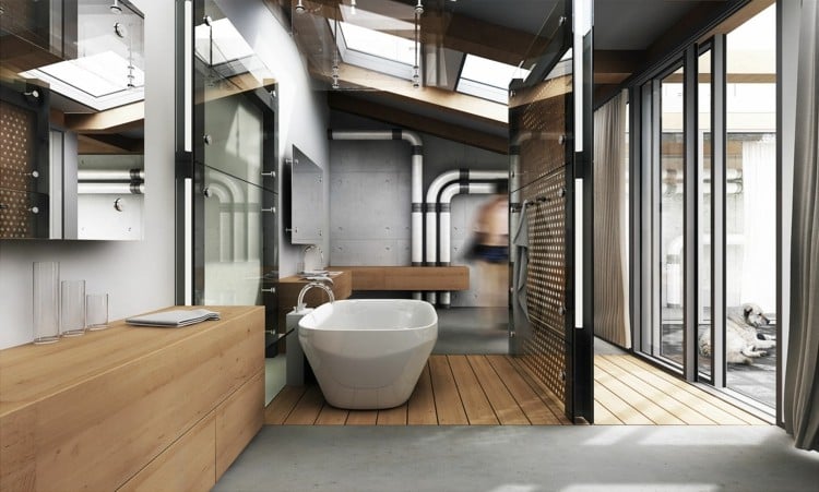 industrial design badezimmer interieur freistehende badewanne beton holz