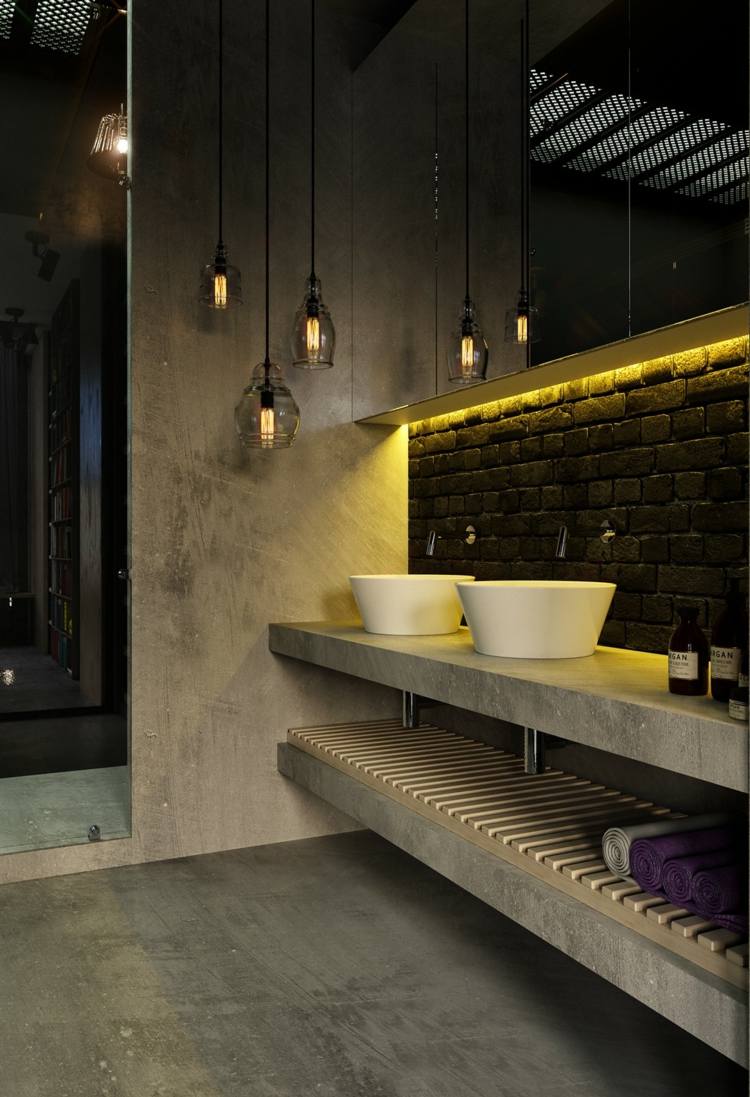 industrial design badezimmer pendelleuchten waschtisch betonboden