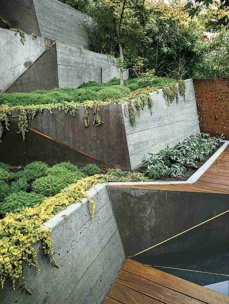 industrie look garten gestaltungsideen tipps kombination beton stufen pflanzen