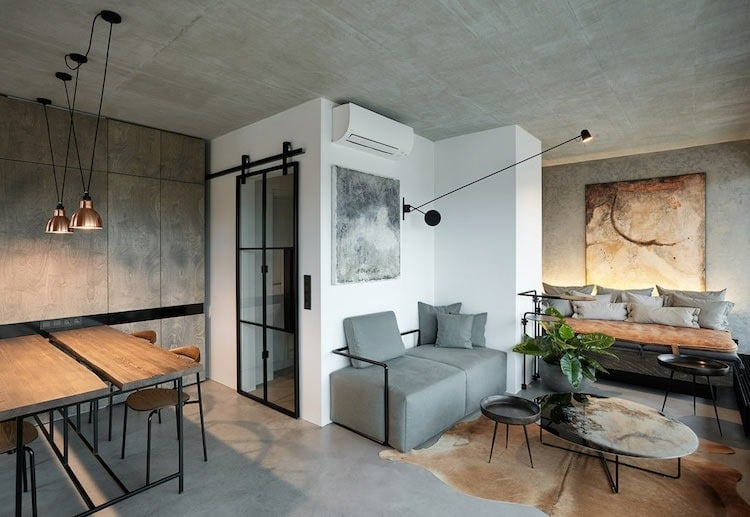 interieur industrial style beton holz rustikale möbel pendelleuchten bild sitzmöbel