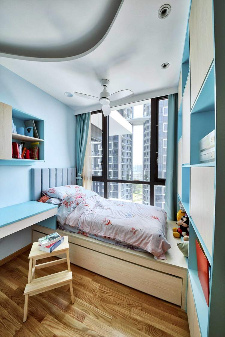 kinderzimmer blaue nuancen parkett boden loft apartment einrichtung