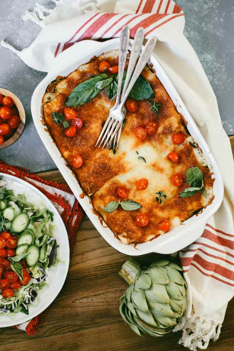 lasagne mit artischocken zubereiten vegetarisch kÃ¤sesauce spinat tomaten