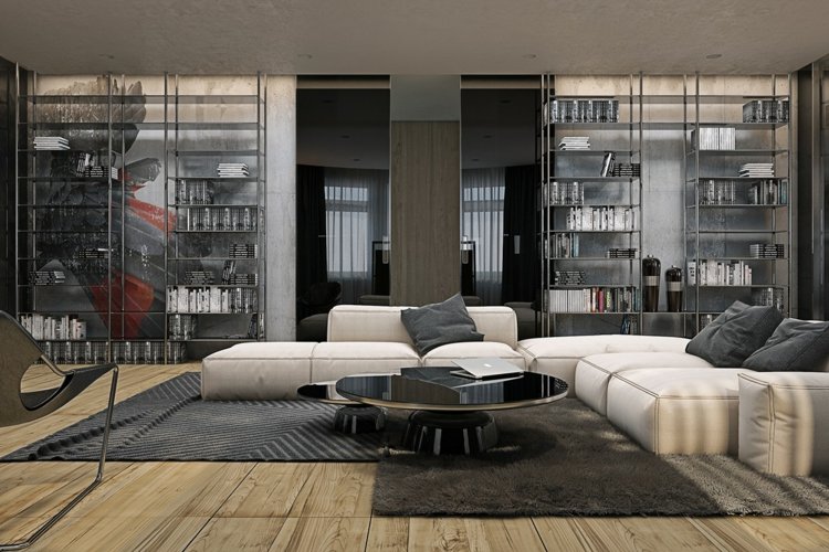 modern industrial design innenraum möbel glas couch beton regale