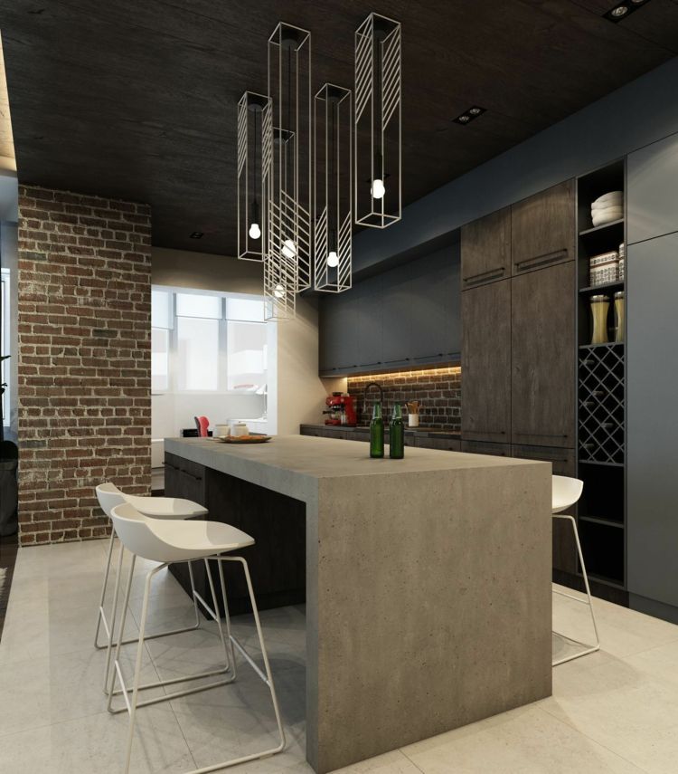 moderne küche industrial design kronleuchter metall geometrische figuren backsteinwand