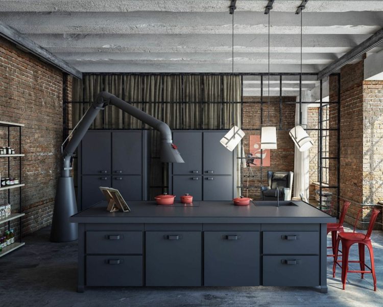 moderne küche schwarze möbel pendelleuchten unverputzt backsteinwand decke beton