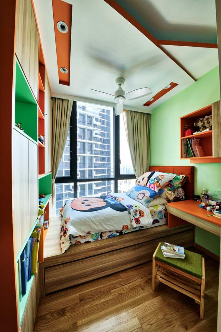 moderne loft wohnung kinderzummer holz farbgestaltung grün orange