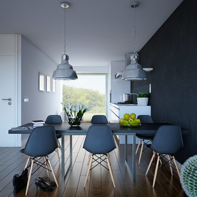 modernes wohnzimmer pendelleuchten industrielles design metall stühle