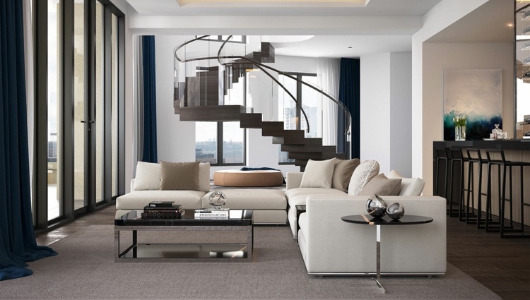 offener wohnbereich eckcouch couchtisch minimalistische einrichtung spiraltreppe holz glas geländer