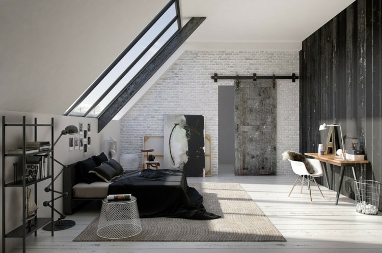 schlafzimmer dachschräge bett wandkunst modern holz metall grau beige