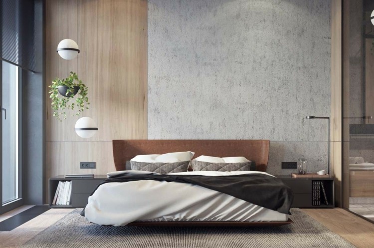 schlafzimmer wandgestaltung holzverkleidung akzent beton teppichboden