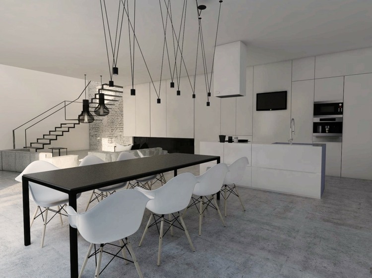 schwarz weiß küche pendelleuchten kronleuchter industrial style betonboden treppen stahl