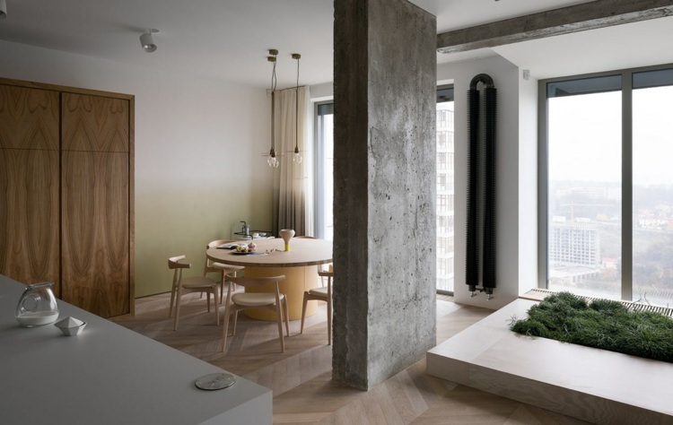 skandinavisch industrial design beton trennwand fensterrahmen heizkörper