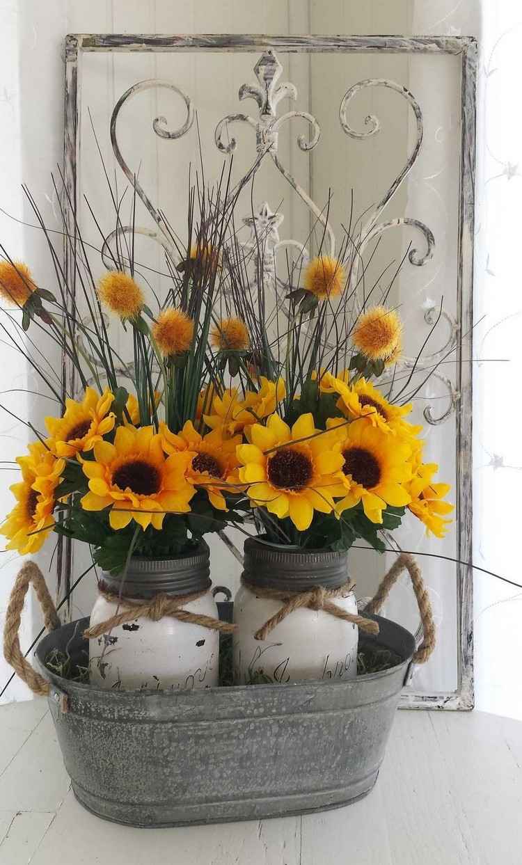 vintage sommerdeko sonnenblumen kleine zinkwanne glasbehälter weiß