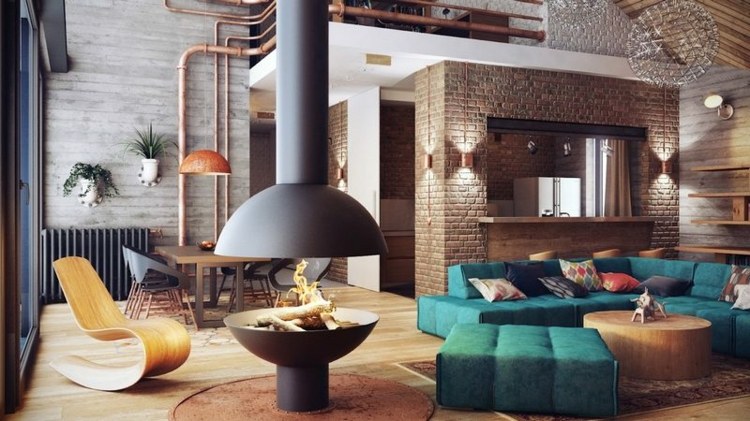 wohnbereich kamin moderne möbel backsteinwand rohre industrial style
