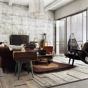 wohnzimmer braun sofa betonwand boden holz möbel industrial design lampe hängesessel