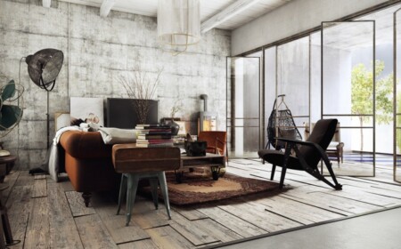 wohnzimmer braun sofa betonwand boden holz möbel industrial design lampe hängesessel