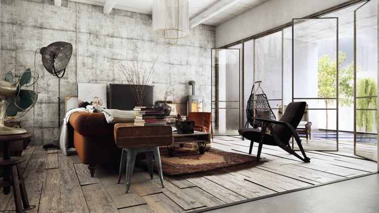 industrial design wohnzimmer braun sofa betonwand boden holz möbel lampe hängesessel