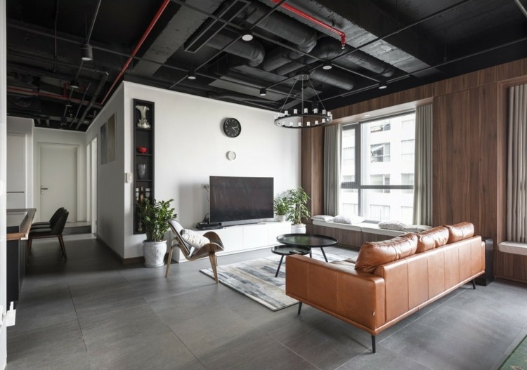 wohnzimmer industrial design decke kronleuchter rohre schwarz rot