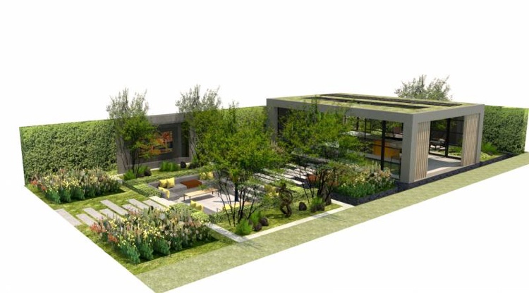 Gartengestaltung Visualisierung versunkene Sitzbereich Bäume Gartenhaus