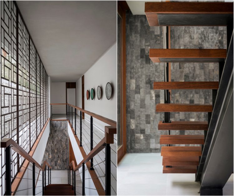 Treppenstufen Bangkirai Holz Wandgestaltung Stein Riemchen