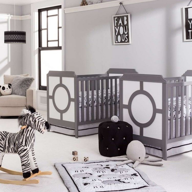 babyzimmer grau weiß zwillinge dunkle elemente deko