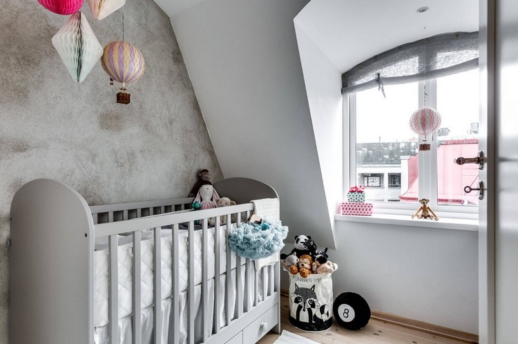 dachschräge babyzimmer grau weiß industrial style wand betonoptik