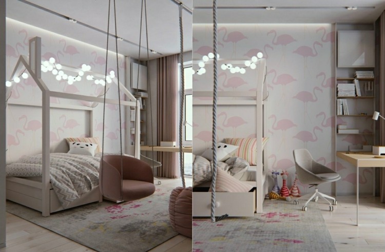 rosa flamingo kinderzimmer deko jugendzimmer teppichboden bett haus tapete rosa weiß