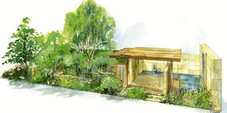 schmaler Garten Skizze Gehweg Bäume Pavillon aus Zedernholz Teich
