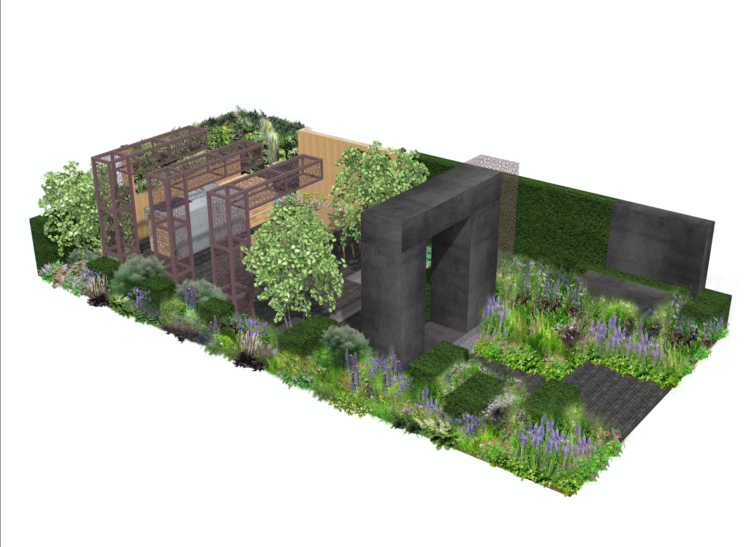 schmaler Garten Skizze Outdoor-Küche Essbereich Gehweg Cortenstahl